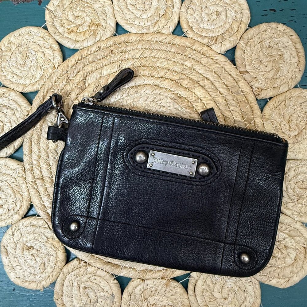 Juicy Couture Y2K Black Leather Wristlet Clutch – Zip Pouch with Logo Plate